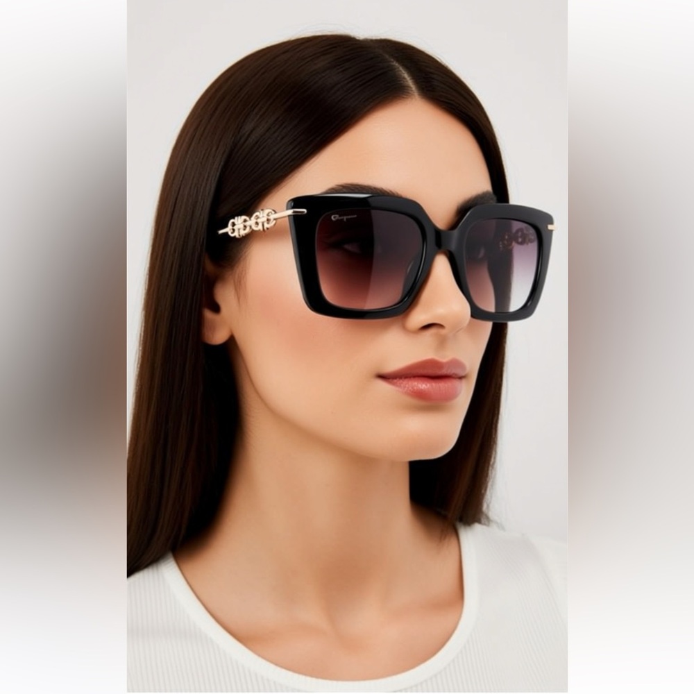 NWT Ferragamo Gancini 51mm Rectangular Elegant Black Sunglasses with Gold Accent